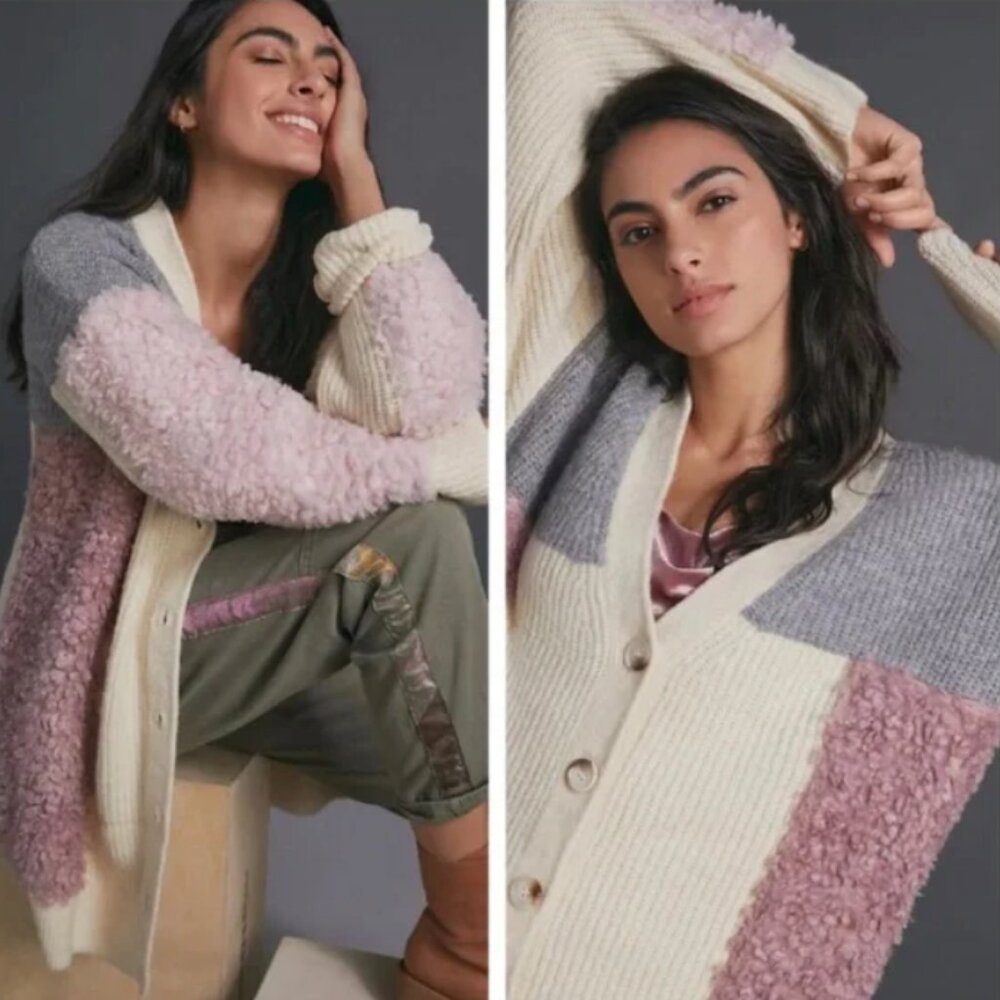 Anthropologie "Olivia" Ivory Pink Grey Fuzzy Colorblock Button Front Cardigan